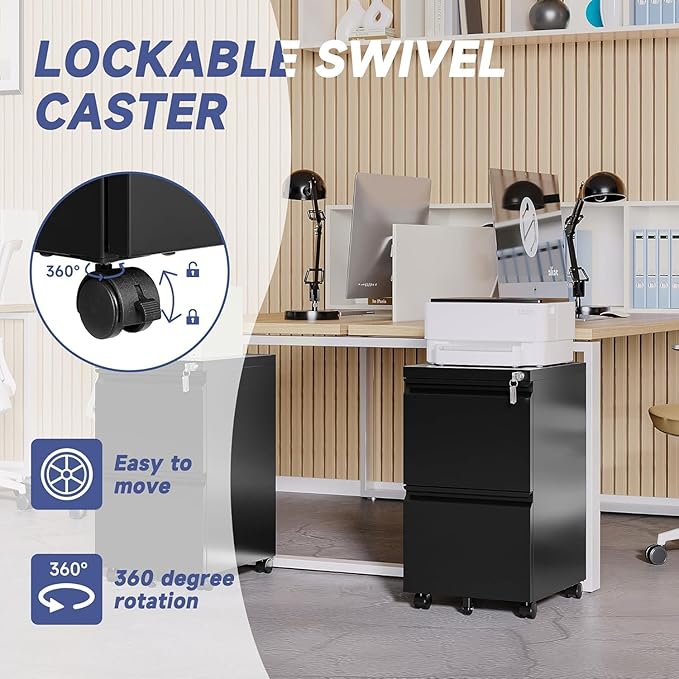 2 Drawer File Cabinet with Lock，Locking Filing Cabinet Under Desk,Rolling File Cabinets for Home Office/Legal/Letter Size,Fully Assembled (Black)