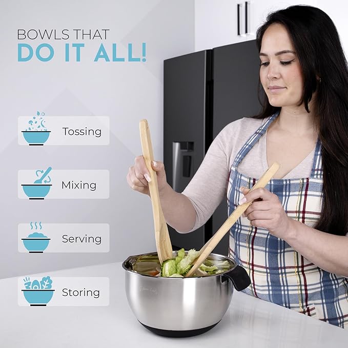 Stainless Mixing Bowl & Lids Holiday BBQ Picnic: Lids Pour Spout Ergonomic Handles For Kitchen With Non Slip Silicone Base Strainer Graters For Kitchen Gift Set