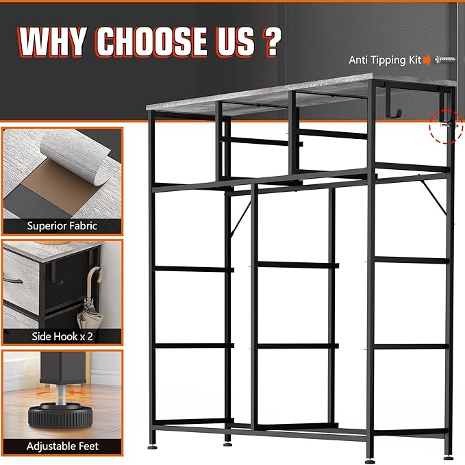 10 Drawer Dresser, Chest of Drawers for Bedroom, Fabric Dresser Drawers with Side Pockets, Hooks, Wooden Top and Sturdy Metal Frame for Living Room, Closet, Hallway (Oak Gray)