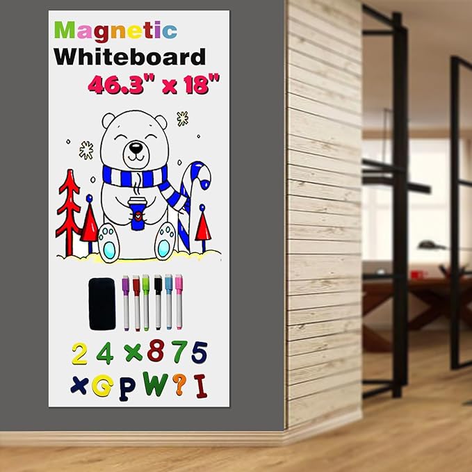 Magnetic Whiteboard Paper for Wall 46.3" x 18" Adhesive Magnetic Dry Erase White Board Sticker with 36 Magnet Letters 6 Markers for Kid Removable Peel and Stick Whiteboard Wallpaper Roll