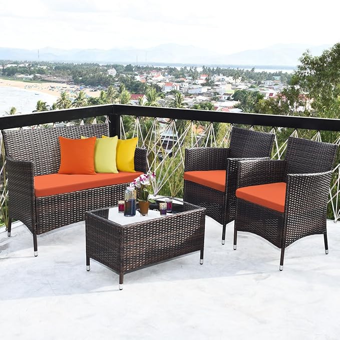 Tangkula 8 PCS Patio Rattan Conversation Set, Outdoor Wicker Furniture Set with Tempered Glass Coffee Table &Thick Cushion, Rattan Chair Wicker Set for Garden, Lawn, Poolside and Backyard (2, Orange)