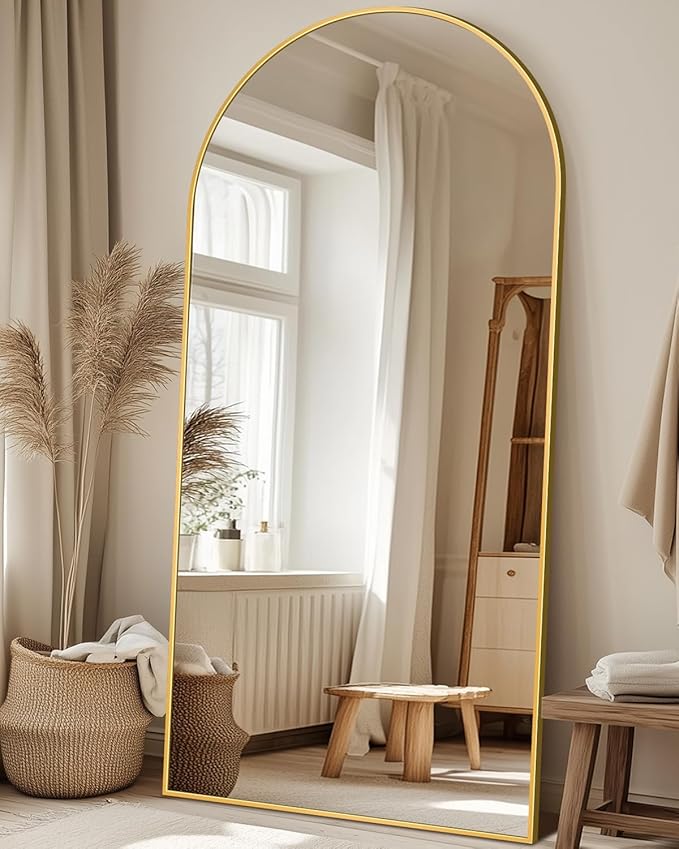 Full Length Mirror with Stand, 71"x32" Arched Full Body Mirror, Large Stand Up Mirrors, Aluminum Frame Floor Standing Mirrors, Freestanding Hanging Leaning Mounted for Bedroom Living Room, Gold