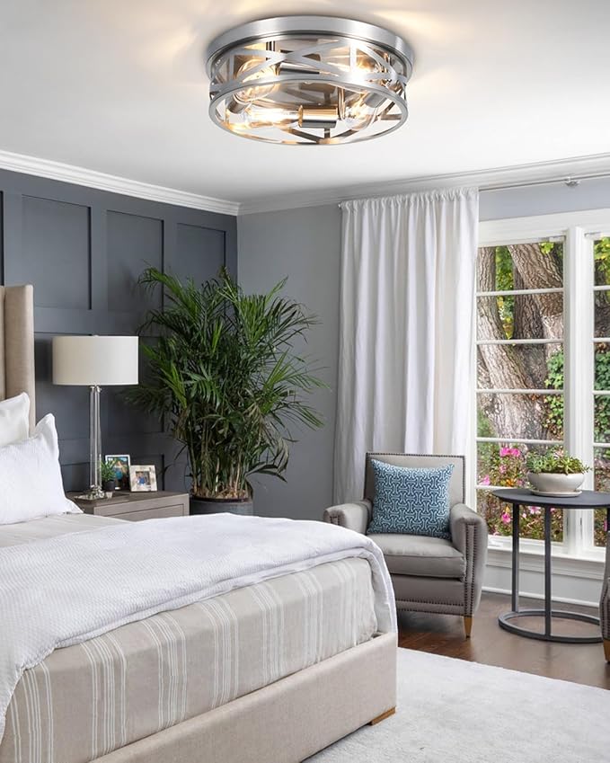 13 Inch Ceiling Light Fixtures, 4-Light Brushed Nickle Flush Mount Ceiling Light, Metal Cage Cross Modern Indoor House Close to Ceiling Lights for Kitchen Bedroom Foyer Hallway Office