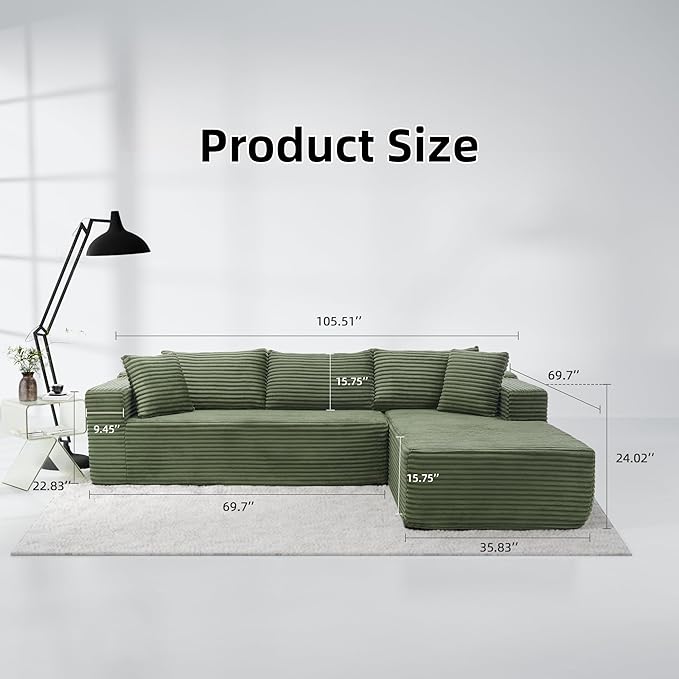 105" Cloud Sectional Couch with L-Shape Chaise,Modern Modular Sofa with Deep Seat, Fluffy Boneless Couches for Living Room Bedroom,No Assembly Required, Green (Plush Flannel Fabric)