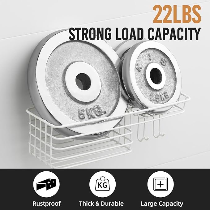 LEVERLOC Shower Caddy Suction Cup, Heavy Duty Bathroom Organizer for Inside Shower with Hooks & Soap holder, NO-Drilling Bathroom Holder-White