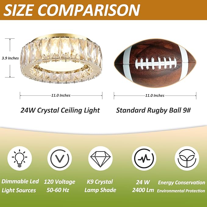 11 Inch Modern Gold Luxury Flush Mount Ceiling Light,Small Crystal Chandelier, Dimmable LED 5CCT 3000K-6000K 24W Round Close to Ceiling Light Fixture for Hallway,Kitchen,Bedroom,Laundry Room