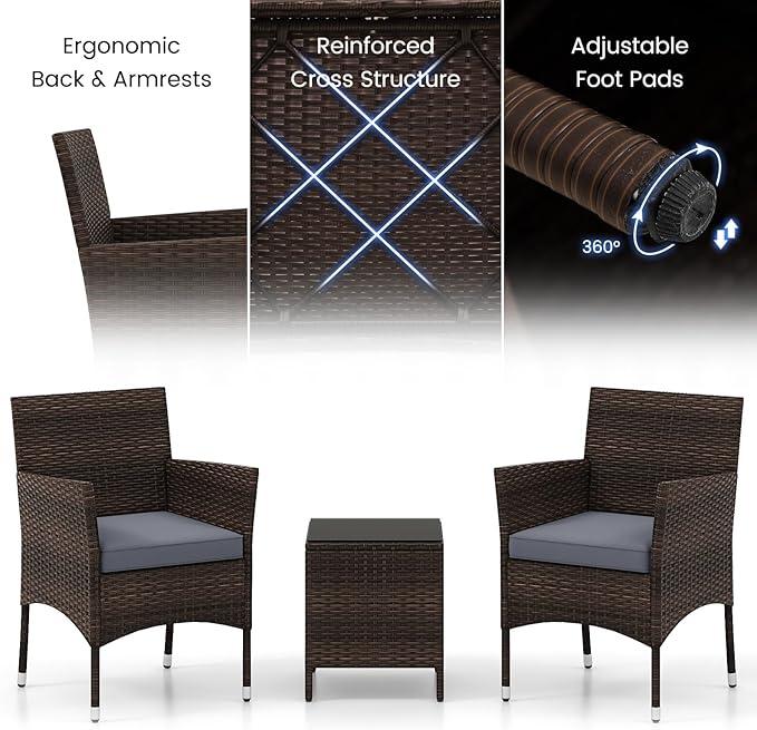 Tangkula 3 Pieces Patio Rattan Furniture Set, Outdoor Conversation Set with PE Wicker Armchairs, Tempered Glass Top Coffee Table, Soft Removable Cushions, for Porch Garden Yard Balcony (Grey)