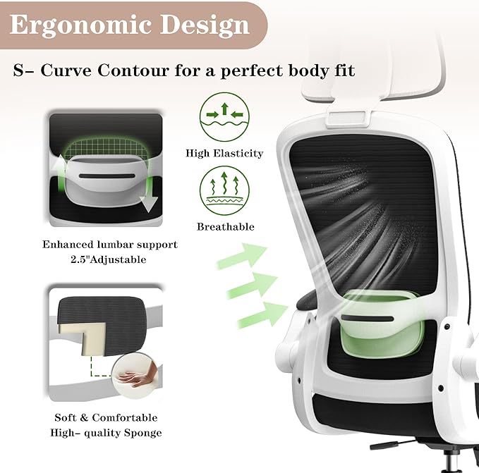 Ergonomic Mesh Office Chair for Long Hours & Back Pain Relief – Adjustable Lumbar Support & Headrest, High-Density Foam Cushion, Flip-Up Armrests, Perfect for Work & Study, White & Black
