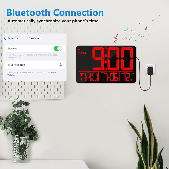 13" Bluetooth Auto Sync Wall Clock - Large Digital Alarm Clock with Remote, 25 Ringtones, Dual Alarm, Adjustable Brightness, 12/24H, Auto DST, for Living Room, Kitchen, Office, Elderly（Red）
