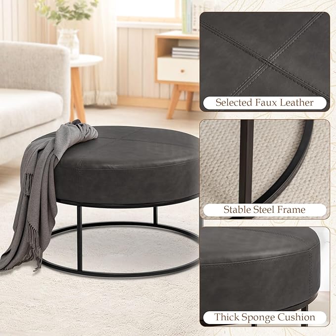 Modern Round Coffee Table, Farmhouse Ottoman for Living Room, Large Vintage Leather Coffee Tables with Leather Upholstered Padded Seat [Round, Vintage Black, 30'']