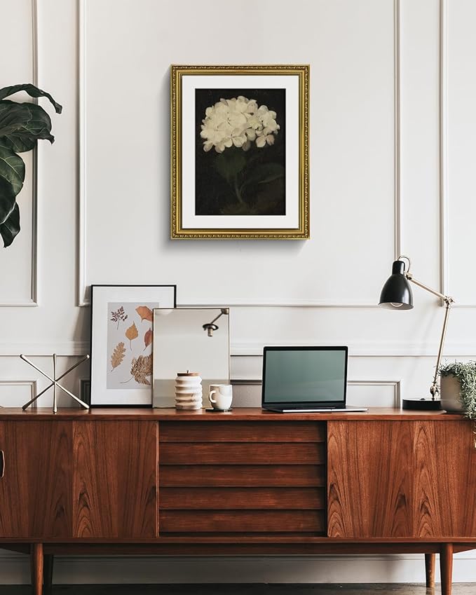 VIYYIEA Gold Framed Wall Art Canvas Print Home Decor Vintage Flower Art Aesthetic Room Decor White Hydrangea Oil Painting Canvas Prints Bedroom Bathroom Wall Decor Kitchen Office Floral Art 16x20in