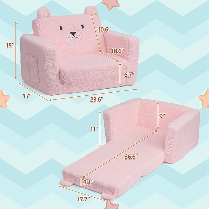 ALIMORDEN Fold Out Toddler Couch, Comfy 2-in-1 Cuddly Sherpa Bear Chair for Kids, Convertible Sofa to Lounger, Kids Cozy Corner Play Couch for Boys and Girls, Pink