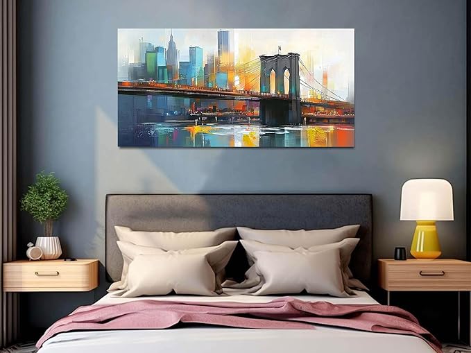 Arjun Cityscape Wall Art New York City Canvas Painting Brooklyn Bridge Manhattan Modern Blue Picture Grey Artwork Framed for Living Room Bedroom Dinning Room Bathroom Home Office Wall Decor 40"x20"