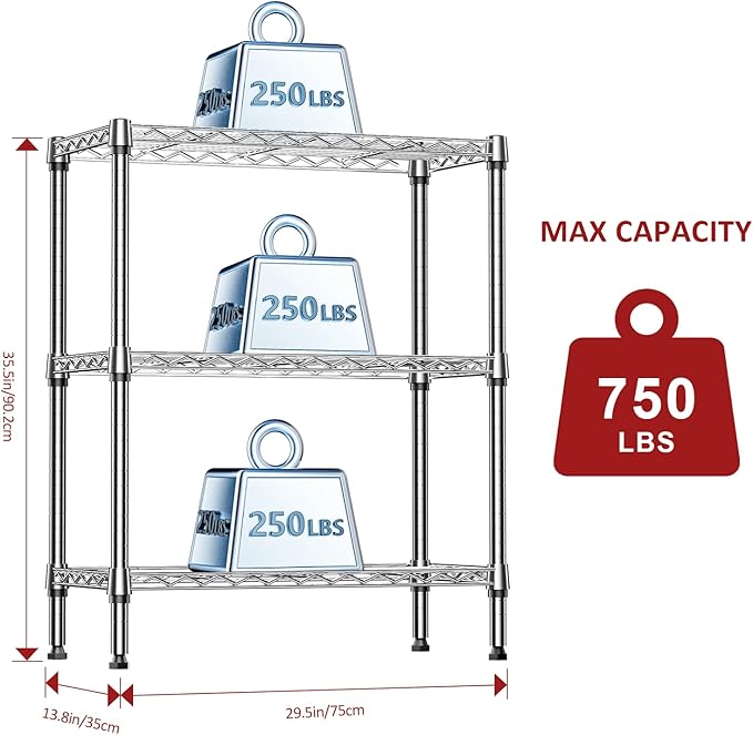 IZEUK 3-Tier Heavy Duty Steel Storage Shelves, Metal Shelf Wire Shelving Rack for Pantry, Kitchen, Home or Office Organization (29.5" W x 13.8" D x 35.5" H, 750LBS, Chrome)