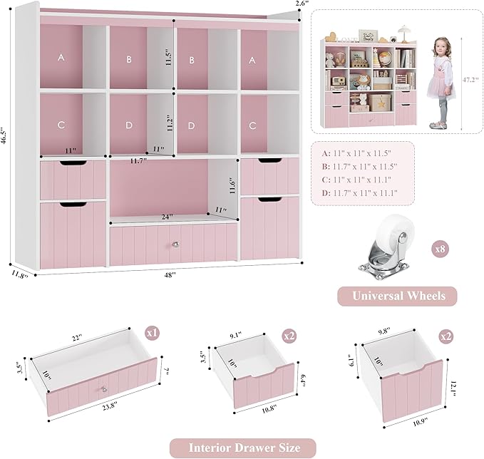 HORSTORS 48" W Kids Toy Storage Organizer, Large Toy Storage Chest with Removable Bins, 46" H Kids Bookshelf and Bookcase with Drawers for Boys and Girls, Modern Toy Box for Playroom, Classroom, Pink