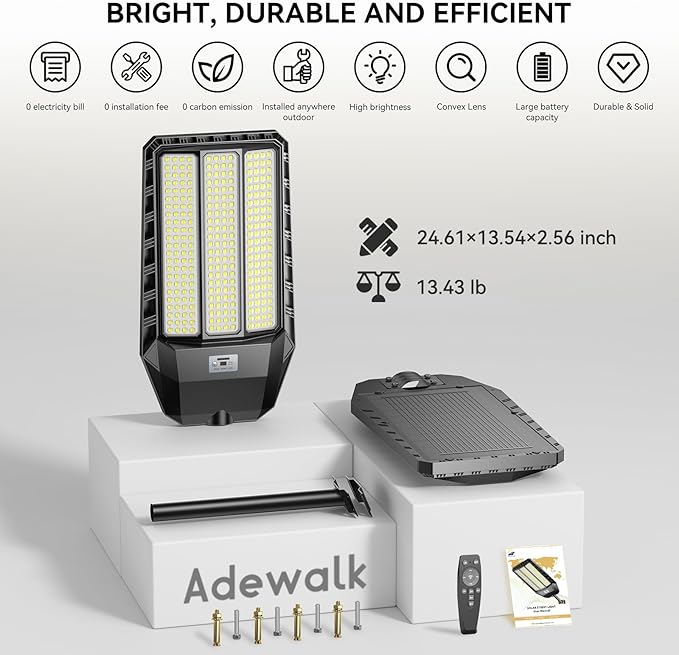 Solar Street Light Outdoor 8000W - LED Parking Lot Lights, IP67 Waterproof, Dusk to Dawn, High Lumens Solar Lights Outdoor with Motion Sensor and Remote Control 1 Pack