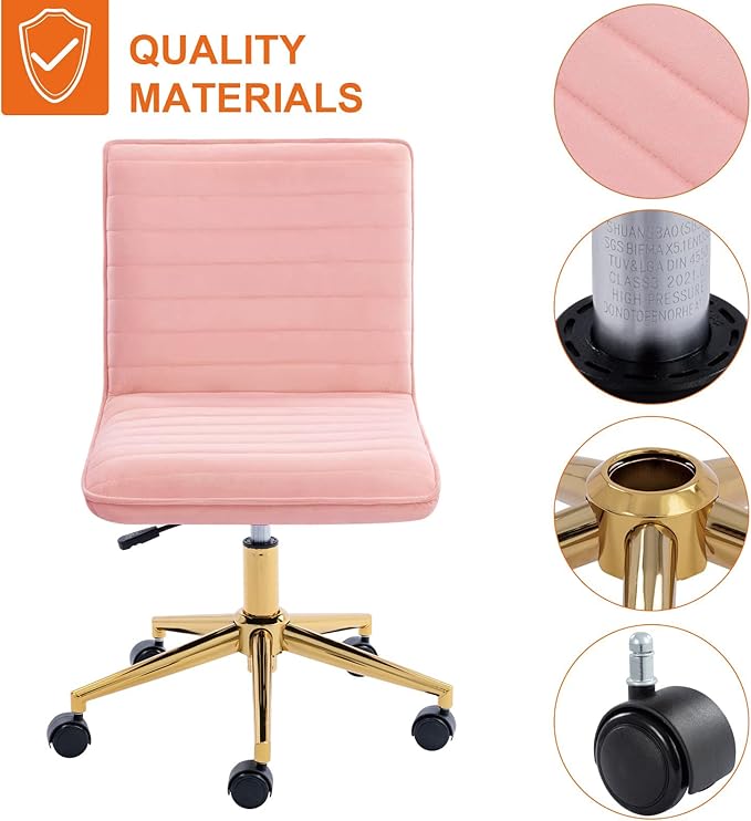 Furnimart Pink Swivel Armless Desk Chair with Wheels, Small Velvet Upholstered Home Office Desk Chair Mid-Back Adjustable Chair for Teen Girl Vanity Desk Bedroom Dorm Living Room (Velvet-Pink)