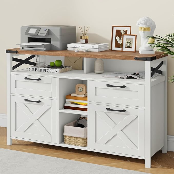 Farmhouse Filing Cabinet with Adjustable Shelf for Home Office, Lateral File Cabinets 4 Drawers with Open Storage Shelf, Filing Organization Storage Cabinets for Hanging Files Letter/Legal/F4/A4.