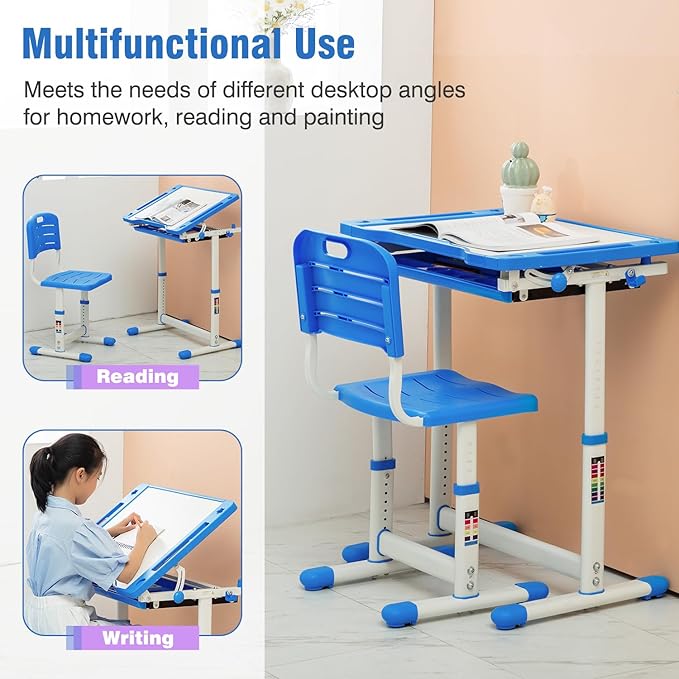 PayLessHere Kids Desk and Chair Set,Height Adjustable Study Desk for Kids with Pull Out Drawer Storage,Multi-Function Study Desk and Chair for Writing, Reading and Drawing,Blue