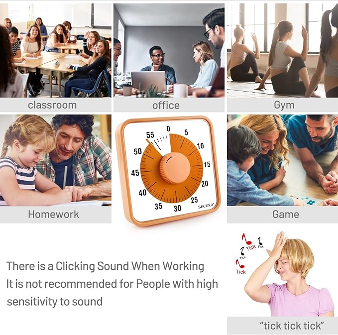 Secura 7.5 Inch Visual Timer, 60 Minute Oversize Countdown Visual Timer for Kids and Adults, Durable Mechanical Time Management Tool (Orange)