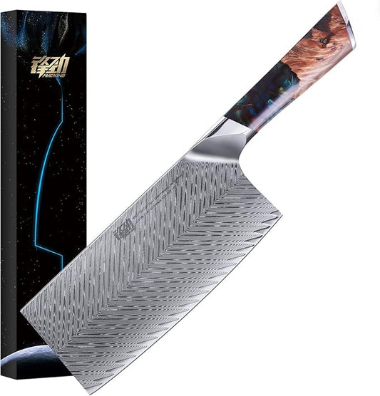 FINDKING Nebula Series Cleaver Knife, Multipurpose Chinese Chef Knife, 10Cr15CoMov Damascus Steel Blade, Resin and Figured Sycamore Handle, Full Tang, 7 Inch, Blue, for Meat, Vegetable Shredding