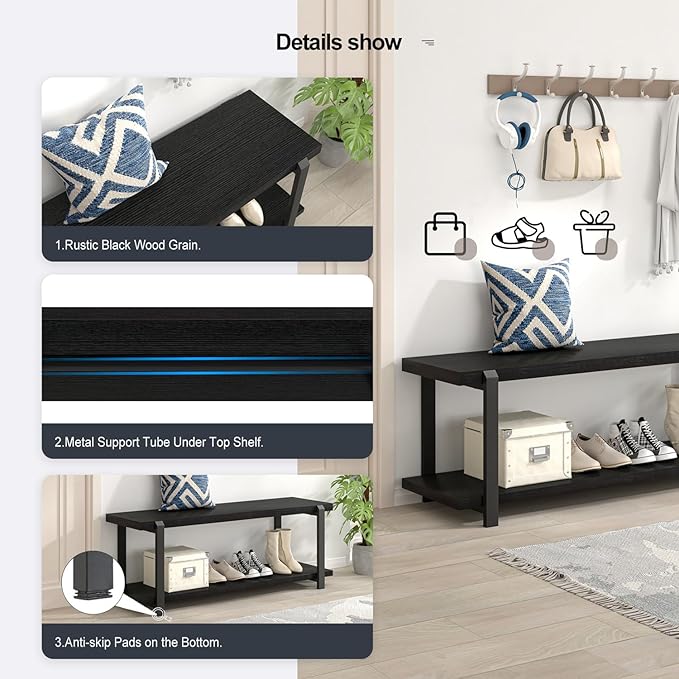 EXCEFUR Entryway Bench, Modern Wood and Metal Storage Bench for Hallway, Industrial Indoor Shoe Rack Bench Seat for Living Room Bedroom, Black Oak 47 Inch Long