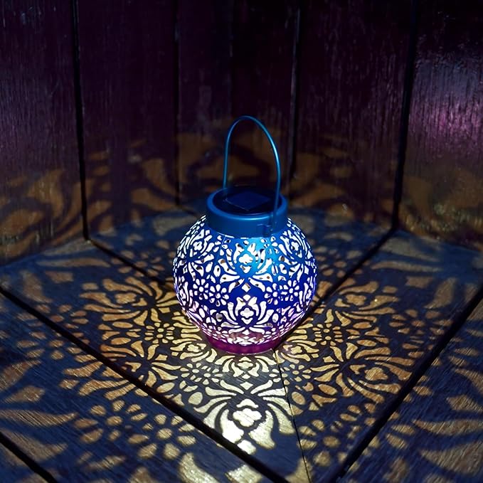 Outdoor Solar Hanging Lantern Lights Metal LED Decorative Lamp for Garden Patio Courtyard Lawn and Table with Hollowed-Out Design (Royal Purple)