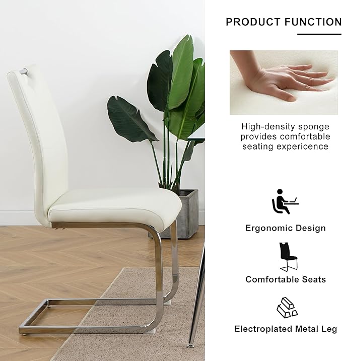 Goujxcy Round Dining Table Set for 6, Modern Glass Kitchen Table and Chairs Set of 6, 7 Piece Dining Room Table Set with 47" Circle Silver Metal Glass Dinner Table and 6 White Leather Dining Chairs