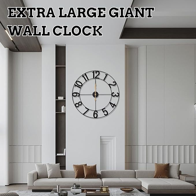 30-Inch Silent Non-Ticking Indoor Outdoor Wall Clock, Battery Operated Vintage Farmhouse Metal Clock with Arabic Numerals for Patio, Pool, Garden, Living Room, Kitchen Decor - Black