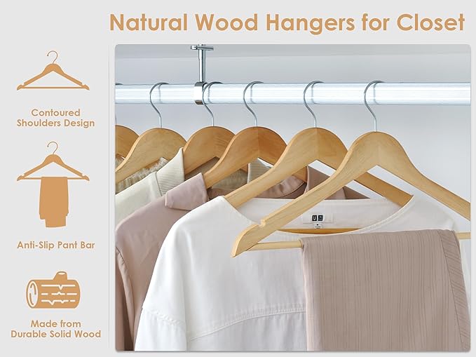 StorageWorks Wooden Hangers 20 Pack, Wood Coat Hanger for Coats, Shirts, Jackets, Pants, Suits, Natural Wood Color