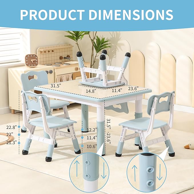 Toddler Table and Chairs, Kids Table and 4 Chairs Set with Graffiti Desktop, Height-Adjustable Kids Study Table for Boys and Girls Aged 3-8, Max 300lbs