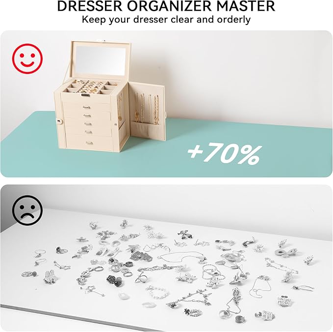 Frebeauty Large Jewelry Box,6-Tier PU Leather Jewelry Organizer,Multi-functional Storage Case with Mirror,Accessories Holder with 5 Drawers for Necklace Bracelets Watches(Beige)