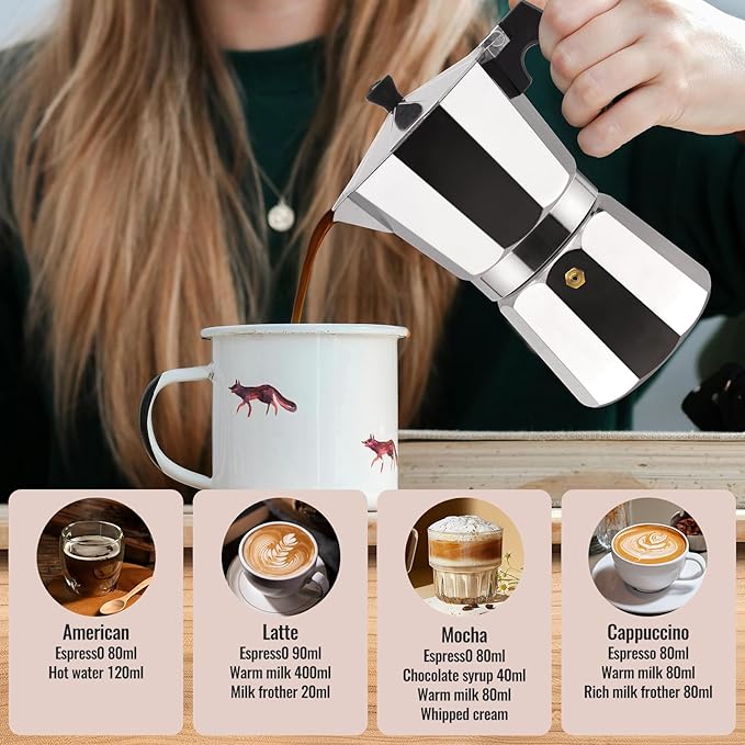 6 Cup Aluminum Moka Pot Classic Stovetop Espresso Coffee Maker 300ml 10oz Coffee maker Percolator Mocha Pot Greca Coffee Maker Cafe Makers for Italian and Cuban Café Brewing Silver