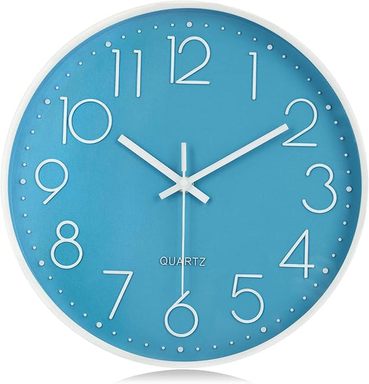 Lafocuse 12 Inch Blue Wall Clock Battery Operated for Kitchen Living Room, Silent Kids Analog Clock for Girls Boys Bedroom, Blue Home Décor