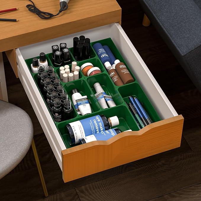 Utility Drawer Organizer Set of 13,With Non-Slip Silicone Pads, 5 Size Small Bins for Organization for Bathroom、Vanity、Nightstan、Kitchen、Office Desk Green Plastic Organizing Containers for Drawers