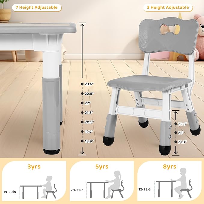 Arlopu Kids Table and 4 Chair Set, Height Adjustable Toddler Table and Chair Set, Non-Slip Legs, Graffiti Desktop, Large Children Activity Table, Reading Daycare Classroom Home (Grey)