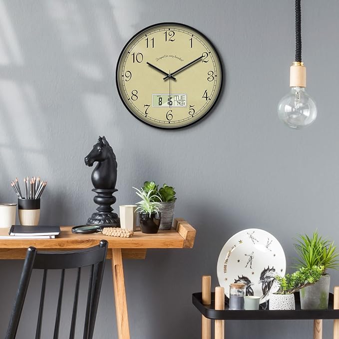 SCAOGE Retro Analog Wall Clock with Date Temperature Day Vintage Ivory Silent Battery Operated Digital Clocks with Week Large Display Clock Decorative for Living Room Kitchen Office Bathroom 14 Inch