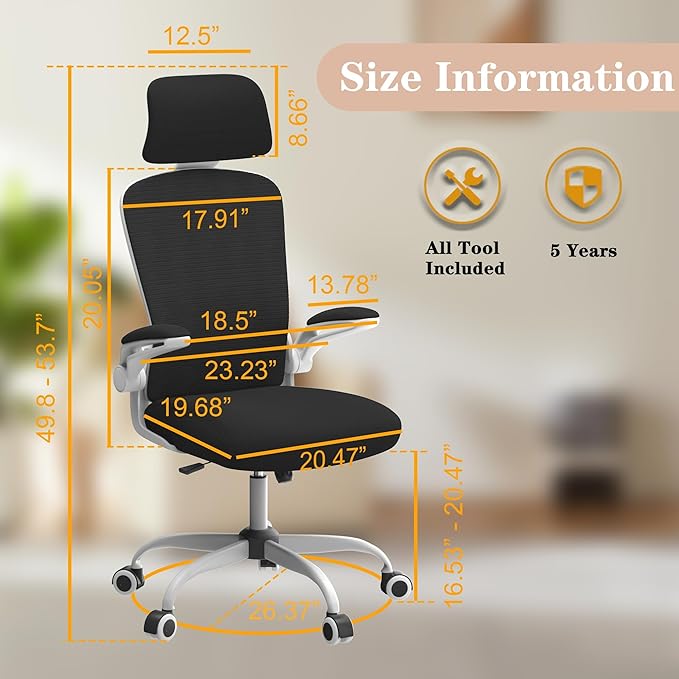 Ergonomic Mesh Office Chair for Long Hours & Back Pain Relief – Adjustable Lumbar Support & Headrest, High-Density Foam Cushion, Flip-Up Armrests, Perfect for Work & Study, White & Black
