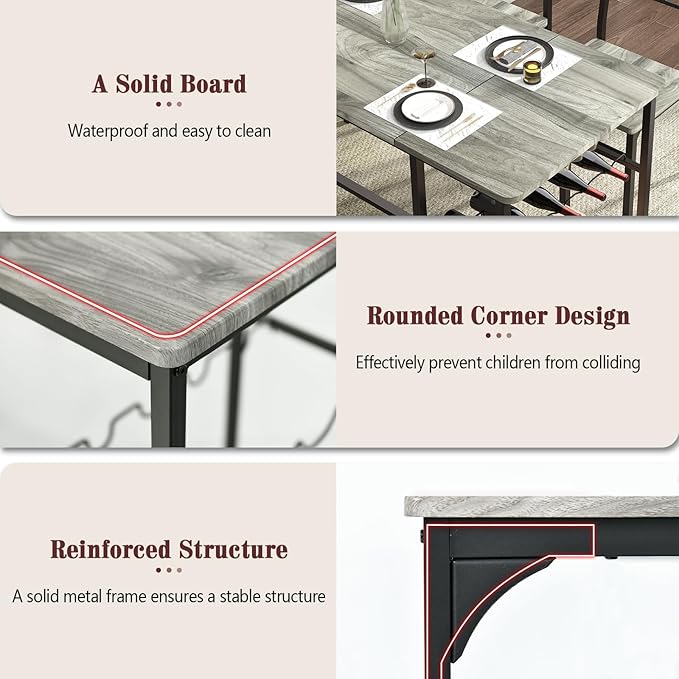 4 EVER WINNER Dining Room Table Set for 4, 55" Kitchen Table Set with Storage Shelf, Wine Rack & Wine Glasses Holder, Dining Table Set with 2 Chairs and Bench for Dining Room, Kitchen, Grey