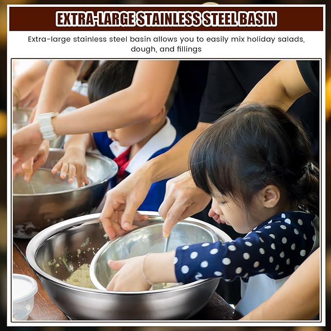 Nuogo 8 Pcs Stainless Steel Mixing Bowls Metal Mixing Bowls Extra Large Basin Salad Basin Deeper Edge Dishwasher Safe Mirror Finish for Home and Commercial, Silver (16 Inch 13 Qt)