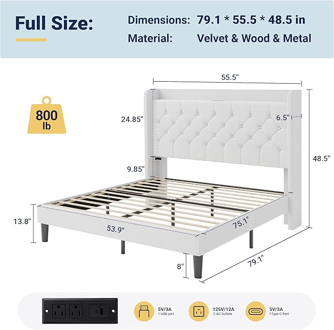 Allewie Full Size Bed Frame, Storage Headboard with Charging Station, Wingback Velvet Upholstered, Diamond Stitched Button Tufted, Sturdy Wooden Slats, No Box Spring Needed, Easy Assembly, White