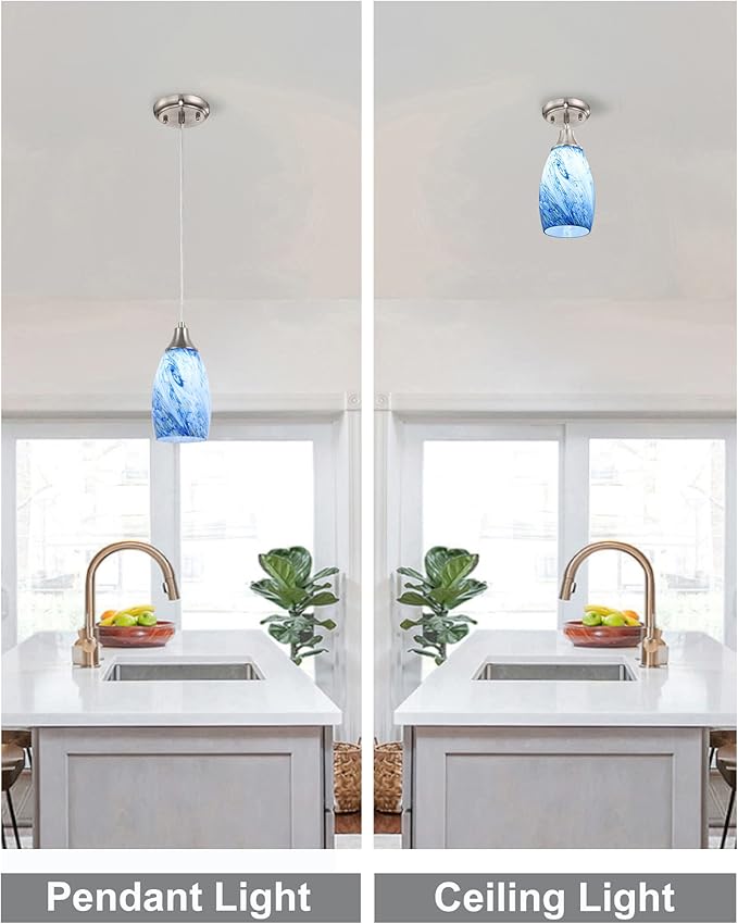 Mini Pendant Lights Kitchen Island White Blue Glass Lamp Shade Hand Blown Glass Pendant Light with Brush Nickel Finish Adjustable Cord for Kitchen Over Sink Hallway,Dining Room,Stairs Way