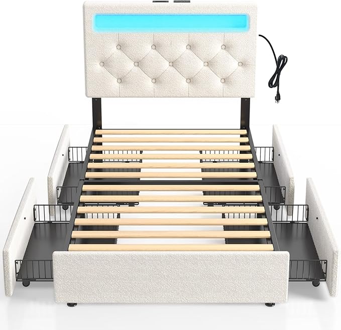 Rolanstar Twin Bed Frame with Charging Station and LED Lights, Upholstered Bed with Adjustable Headboard and 4 Storage Drawers, No Box Spring Needed, Easy Assembly, White