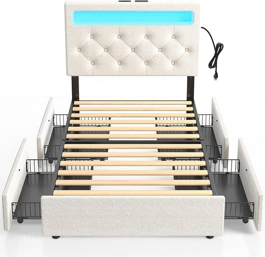 Rolanstar Twin Bed Frame with Charging Station and LED Lights, Upholstered Bed with Adjustable Headboard and 4 Storage Drawers, No Box Spring Needed, Easy Assembly, White