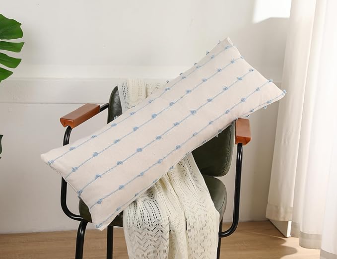 Long Lumbar Throw Pillow Cover 14x36,Stripe Pattern Cotton Blue Boho Extra Long Decorative Pillow Cover Pillow Case Cushion Cover for Bed Sofa Couch Farmhouse,Skinny Modern Accent