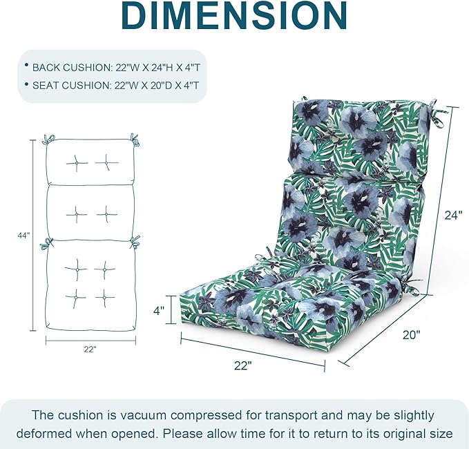 Set of 2 Outdoor High Back Chair Cushions 44"x 22",Water Repellent Rocking Cushion Replacement, Seat/Back Chair Cushions for Patio,Porch,and Indoor - Blue Salmone Tropical