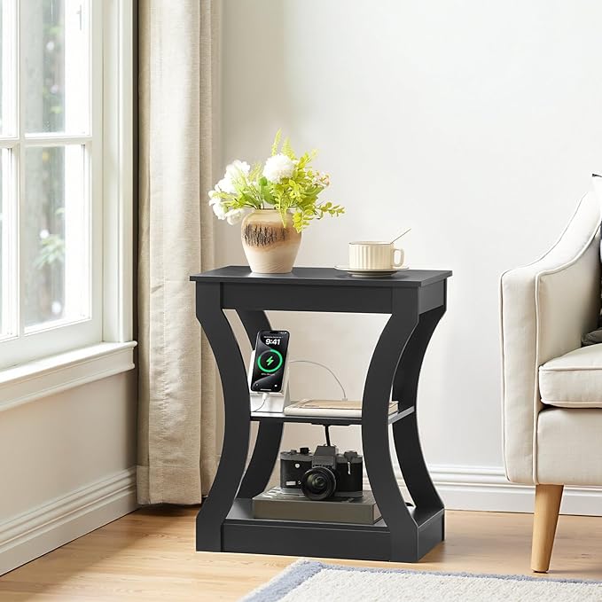 End Table with Charging Station, Side Table with USB Ports and Outlets, 3 Tier Nightstand with Storage Shelf for Small Spaces, Living Room, Bedroom, Black ETBK53E01