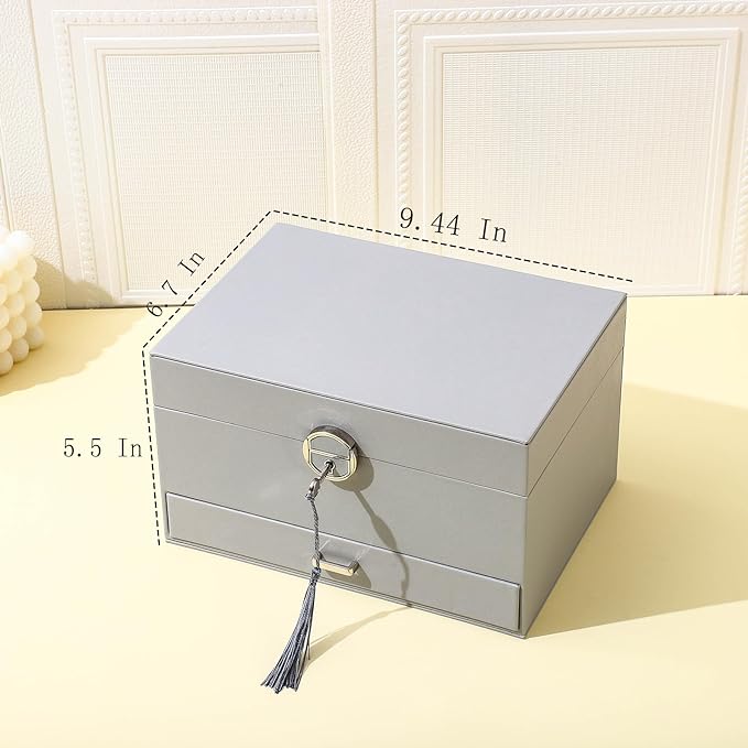 BOOVO Earring Jewelry Box For Women Girl Stud Organizer, 5 Layers Girl Jewelry Organizer Box With Lock Earring Holder Organizer Necklace Ring Jewelry Organizer Box For Girls (grey)