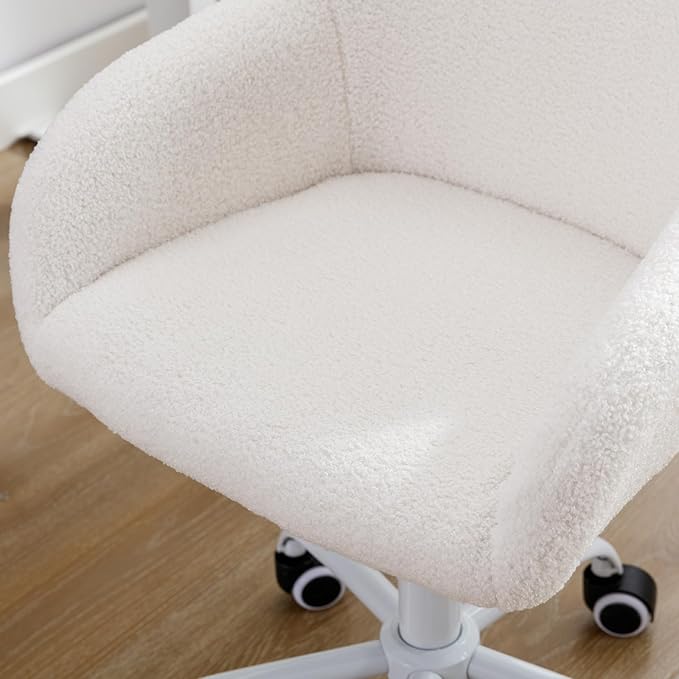 DUOMAY Kids Desk Chair, Faux Fur Upholstered Computer Chair for Boys and Girls, Cute Study Swivel Height Adjustable Arm Chair for Child, White