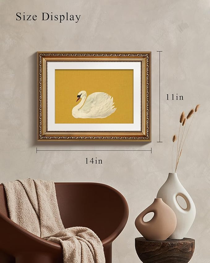 VIYYIEA Gold Framed Wall Art, Swan Yellow Canvas Print Home Decor Vintage Art Painting Picture Bathroom Wall Decor, Animals Artwork for Living Room Bedroom Kitchen Office - 14L x 11W